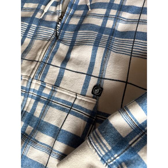Volcom Tartan Plaid White and Blue Large Sherpa Lined Full Zip Jacket - Picture 3 of 8